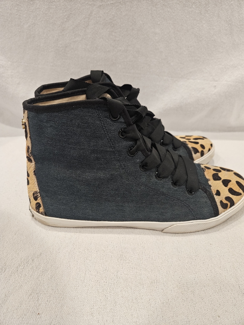 Kate Spade Linus Denim & Animal Print Calf Hair High Top Sneakers womens size 9 - Picture 4 of 11